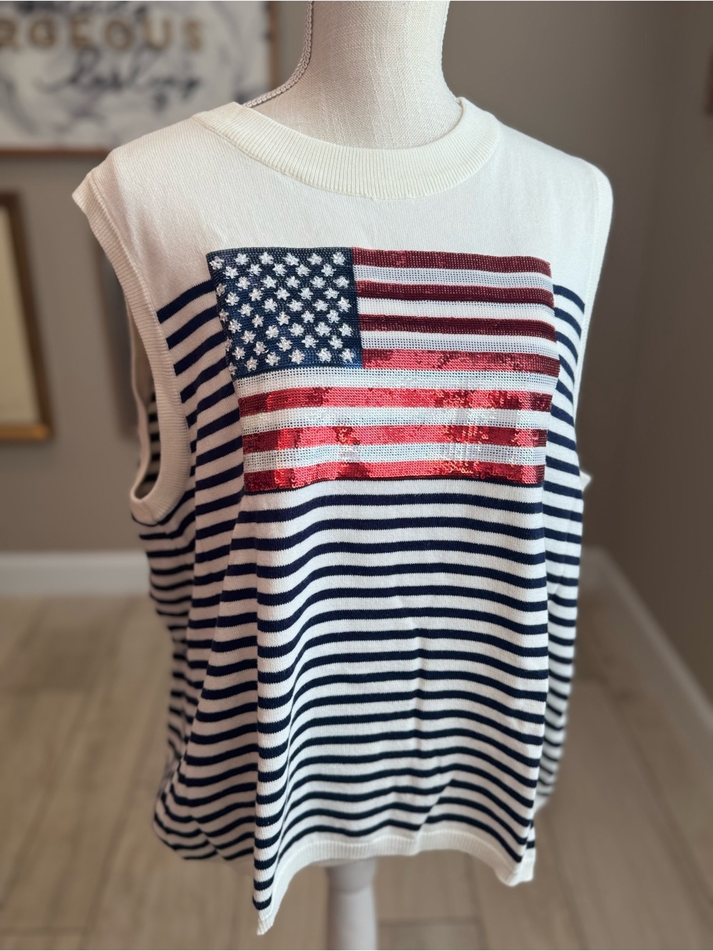 New! QUEEN OF SPARKLES Knit American Sequin Flag Striped Tank